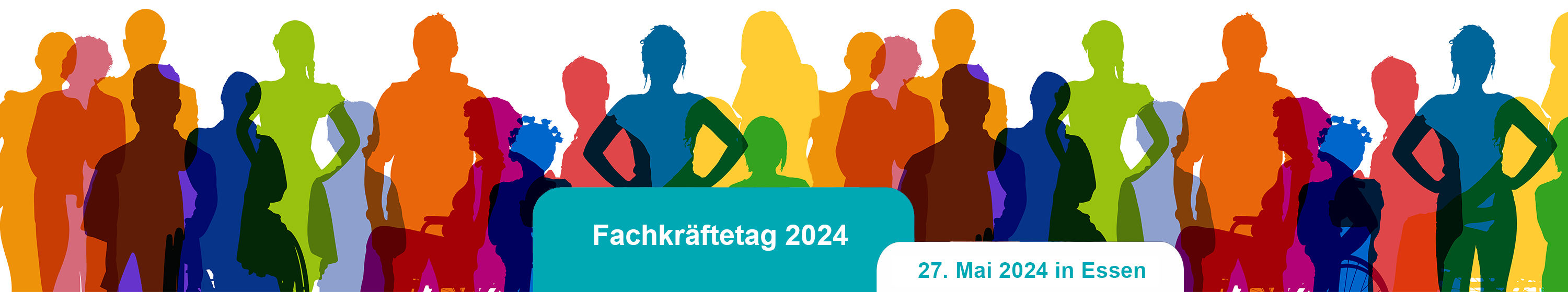 Bild einer Gruppe von Personen aus der Gesellschaft mit einem roten und weißem Balken, auf dem Fachkräftetag 2024 - 27. Mai 2024, in Essen steht